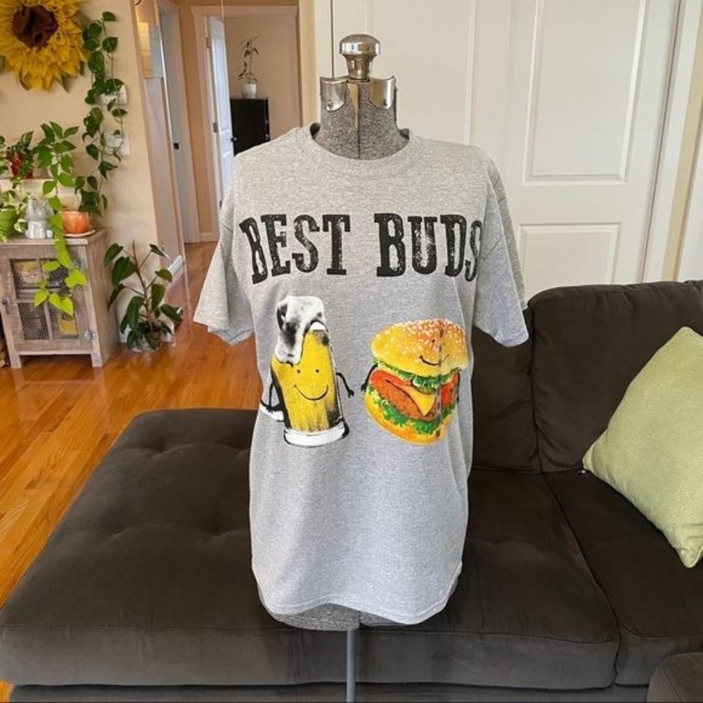 Add on item only Best buds beer, hamburger, gray, short sleeve crewneck T-shirt - Picture 1 of 5
